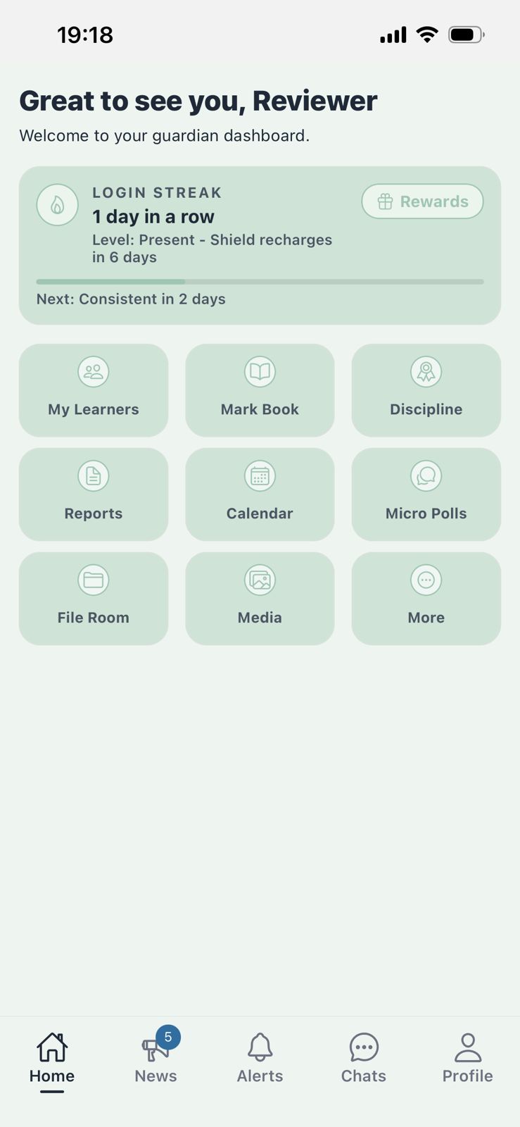 CLAS Connect home dashboard showing login streak and feature tiles