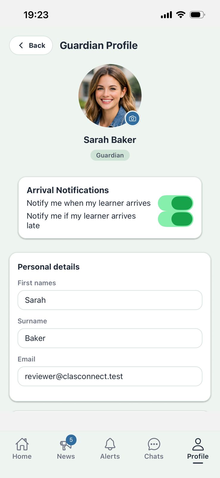 CLAS Connect guardian profile screen with notification settings